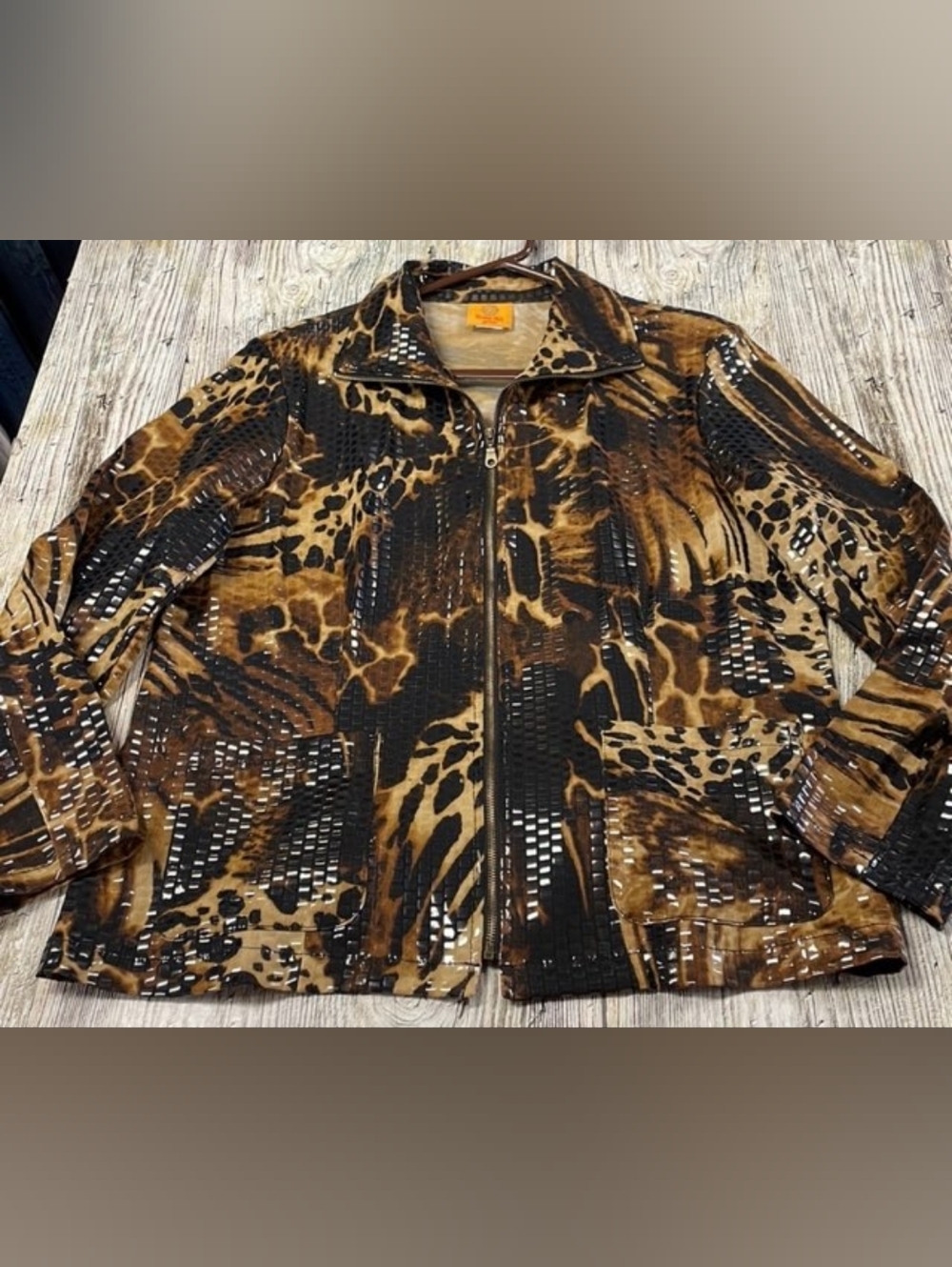 Ruby Rd. Brown/Black Animal Print Zip-Front Jacket w/Paillettes, Sz 18! 🍁